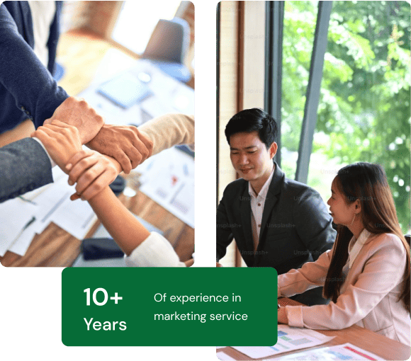 Team handshake and a client meeting with the badge 10+ years of experience in marketing service