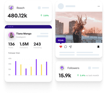 Social media analytics cards showing reach, followers and likes