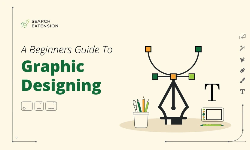 A Beginners Guide to Graphic Designing, with a pen tool and design icons