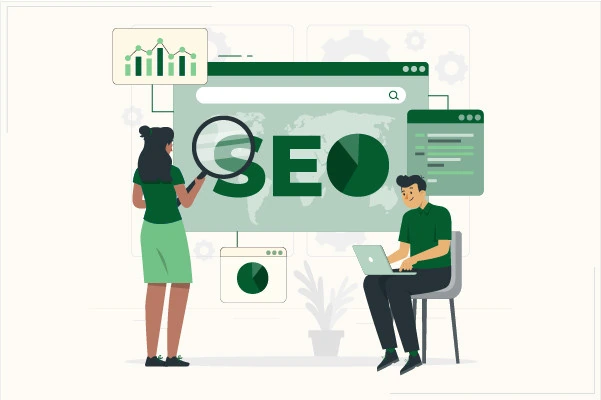What is SEO: two people working on a website with a magnifying glass