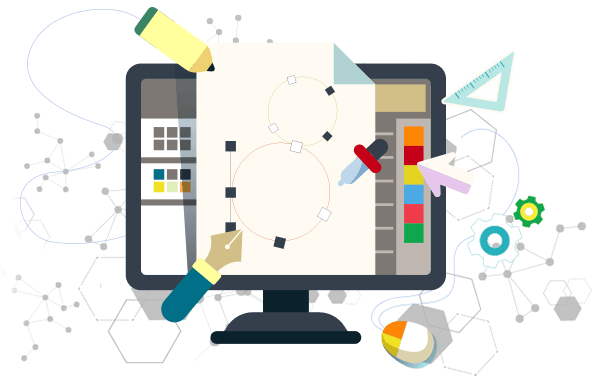 Monitor with design tools, a colour palette and a pen, graphic design services