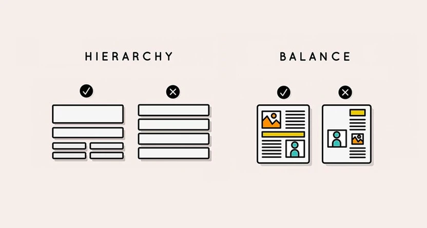Graphic design principles hierarchy and balance, correct and incorrect layouts