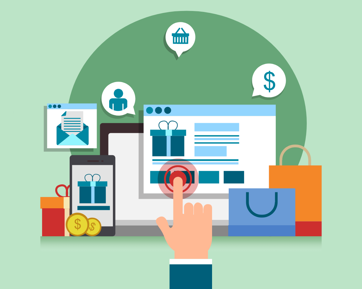 Hand tapping an online store on a laptop with shopping bags, gifts and coins