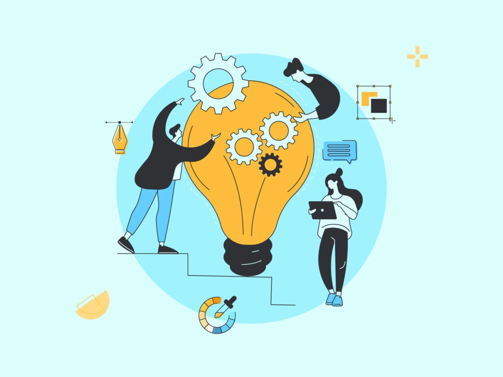 People working around a light bulb with gears, illustrating graphic design for business