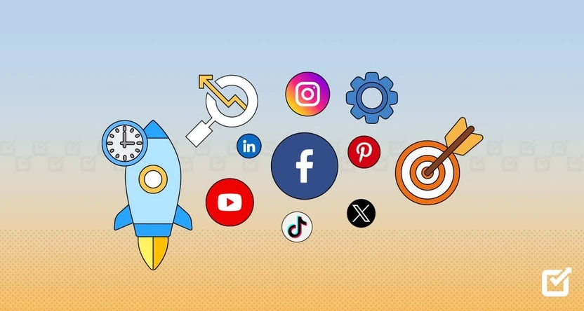 Social media optimization tools: a rocket surrounded by Facebook, Instagram, YouTube and LinkedIn icons