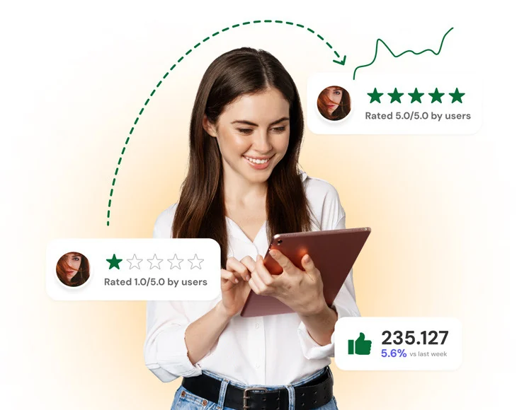 Woman with a tablet as a one-star rating grows into a five-star rating