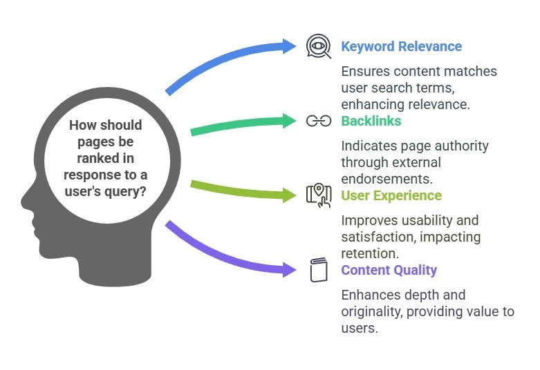 Diagram of how search engines rank pages: keyword relevance, backlinks, user experience and content quality