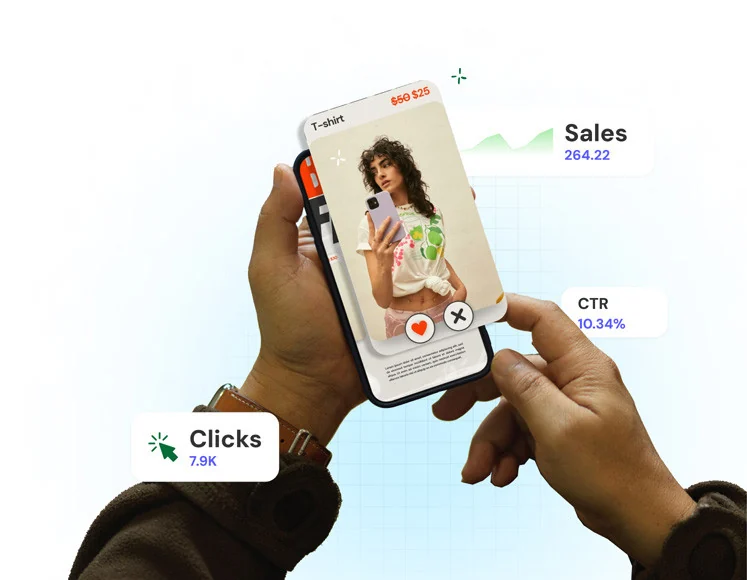Hands holding a phone with an ad showing sales, CTR and click numbers