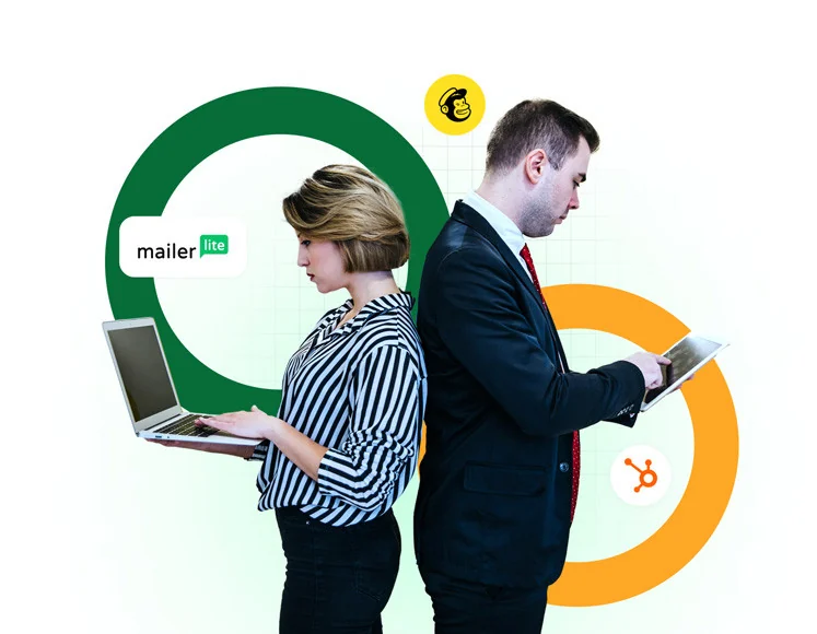 Two marketers with a laptop and tablet between the Mailchimp and HubSpot logos