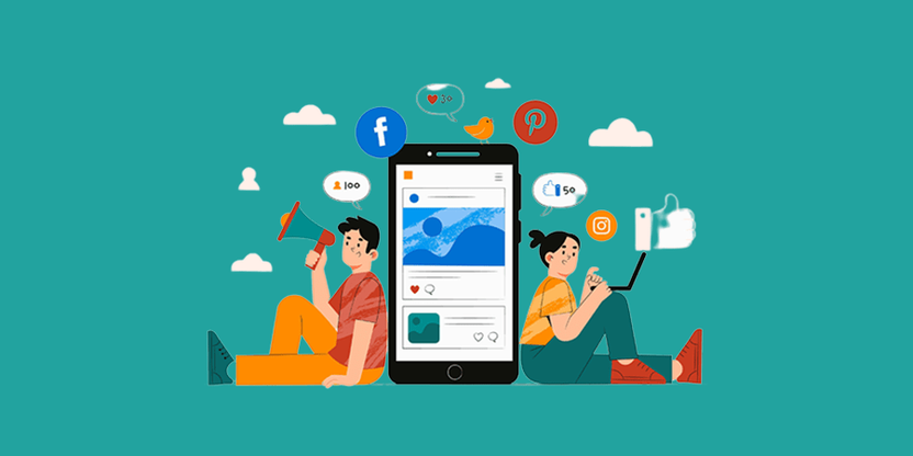 Two people using phones surrounded by social media icons, SMO vs SMM