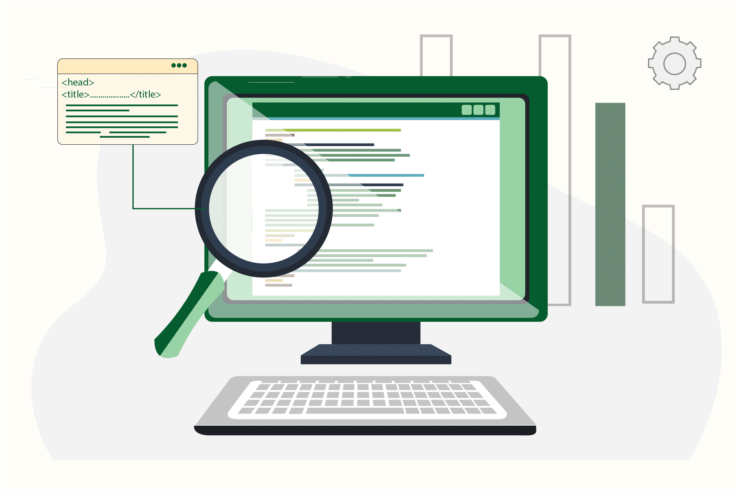 Computer screen with a magnifying glass over page code, illustrating on-page SEO