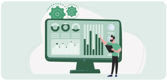 Person reviewing analytics charts on a large monitor