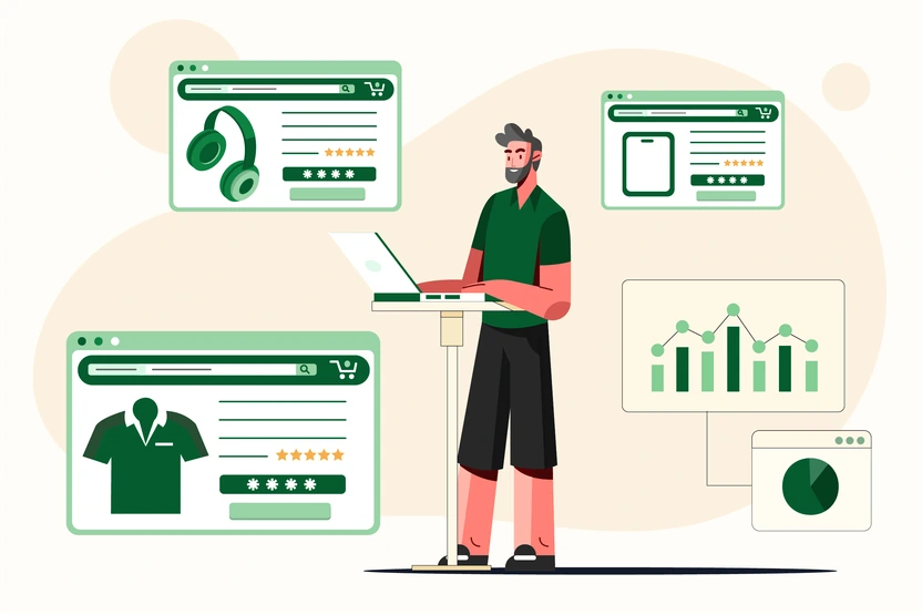 Man at a laptop surrounded by product cards and charts, e-commerce website features