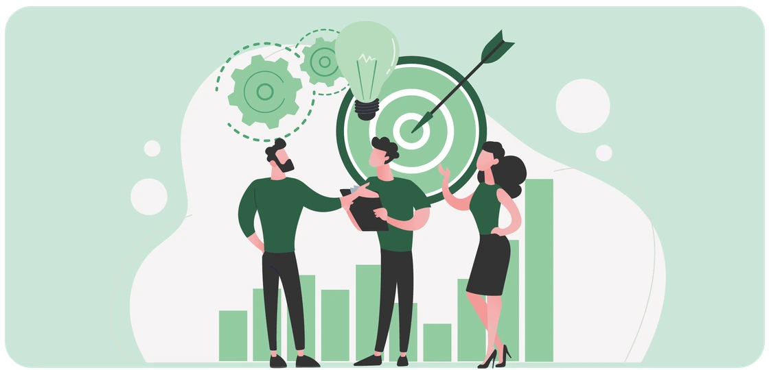 Team hitting a target beside a growing bar chart