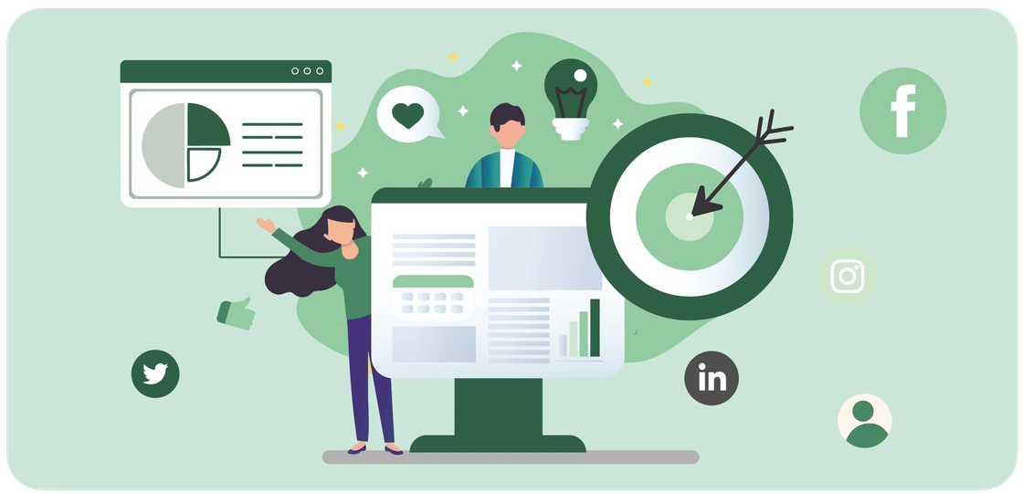 People setting social media goals around a target and a dashboard People setting social media goals around a target and a dashboard