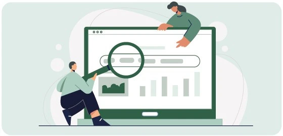 Person analysing a website with a magnifying glass