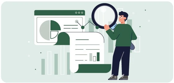 Person studying reports and charts with a magnifying glass