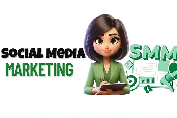 Social Media Marketing (SMM) illustration of a woman with a tablet