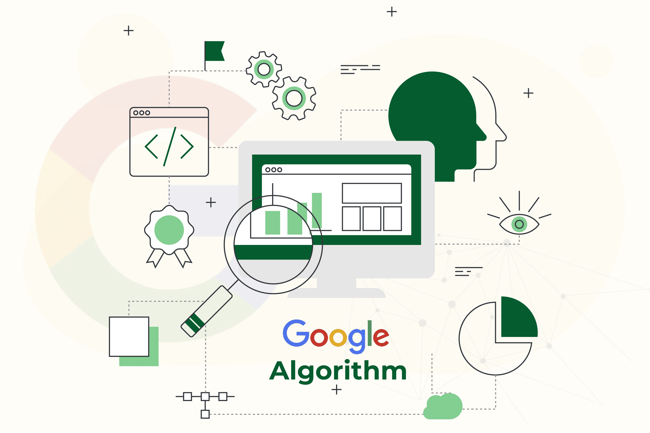 Google Algorithm illustration with a browser, analytics charts and a magnifying glass