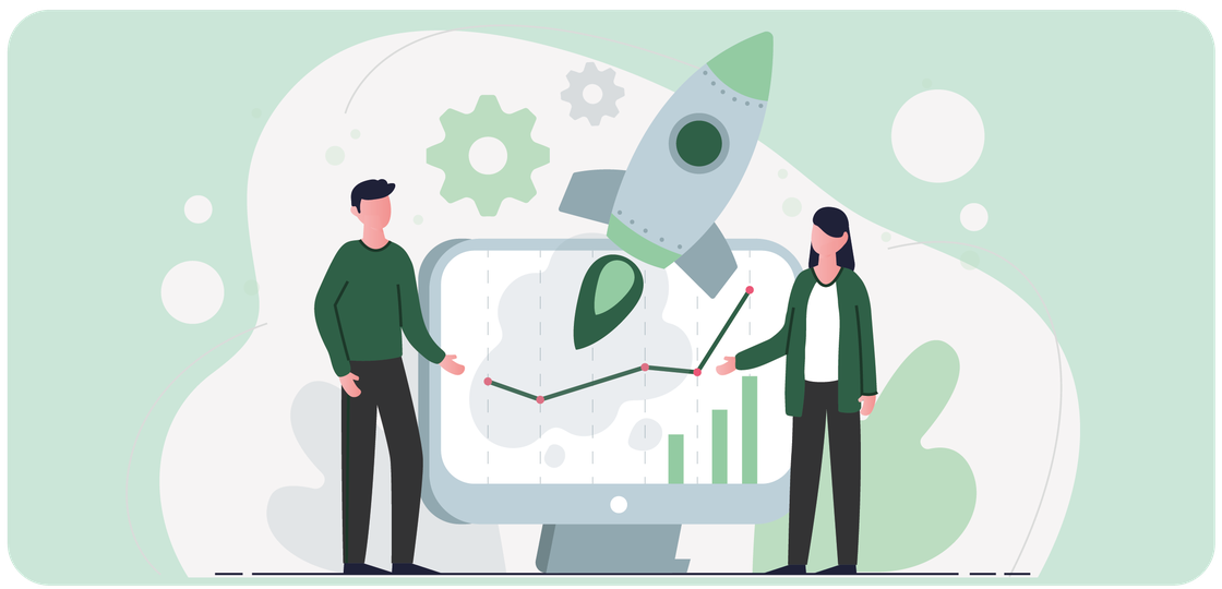 Two people planning a campaign in front of a dashboard with a rocket and growth arrows Two people planning a campaign in front of a dashboard with a rocket and growth arrows