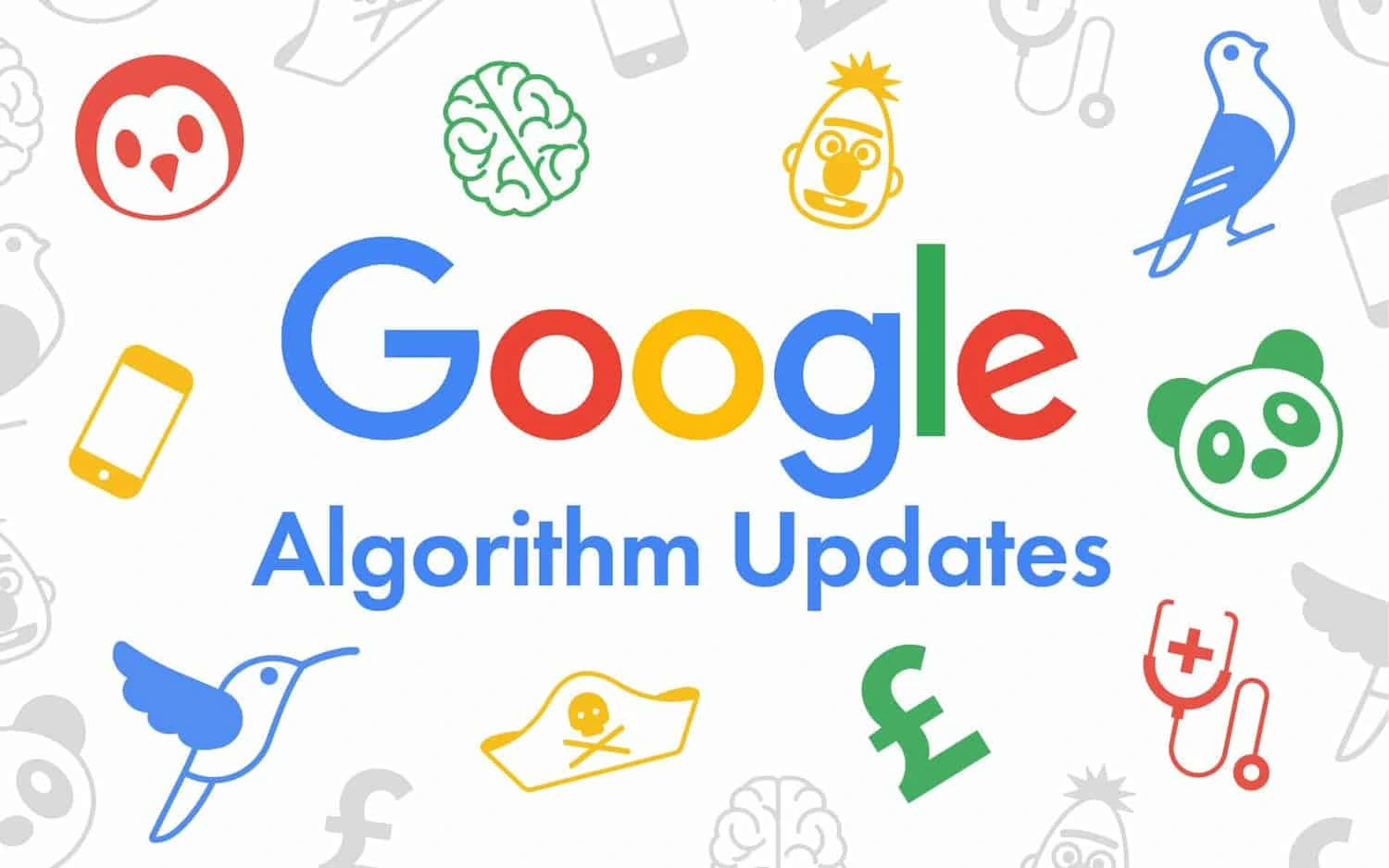 Google Algorithm Updates title surrounded by the Panda, Penguin, Hummingbird and Pigeon update icons