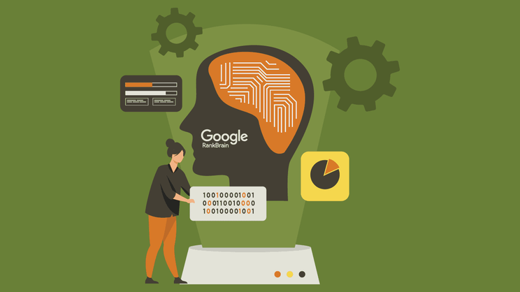 Person beside a head made of circuits with the Google logo, AI algorithm updates in Google