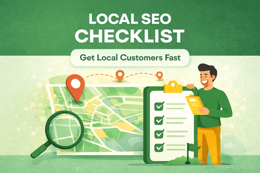 Local SEO checklist illustration with a map, location pins and a man ticking a checklist