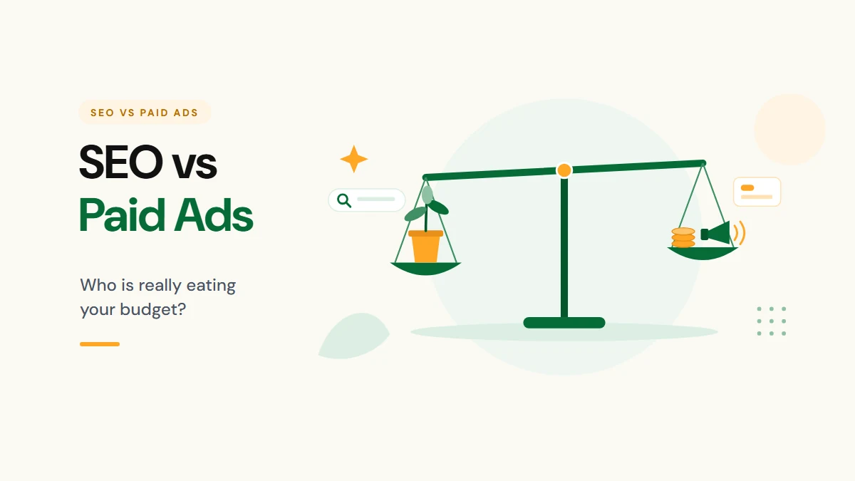 A balance scale weighing a growing plant for SEO against a megaphone and coins for paid ads
