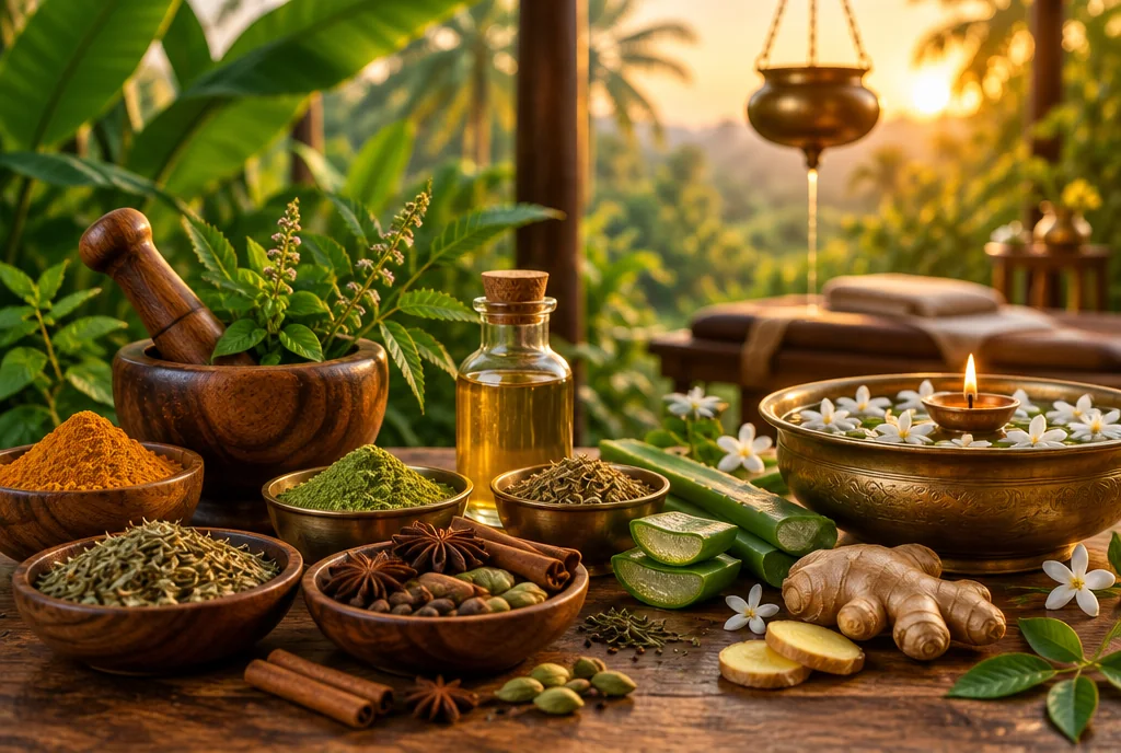 Ayurvedic herbs, spices, herbal oil and a brass bowl with a lit diya on a wooden table at sunset