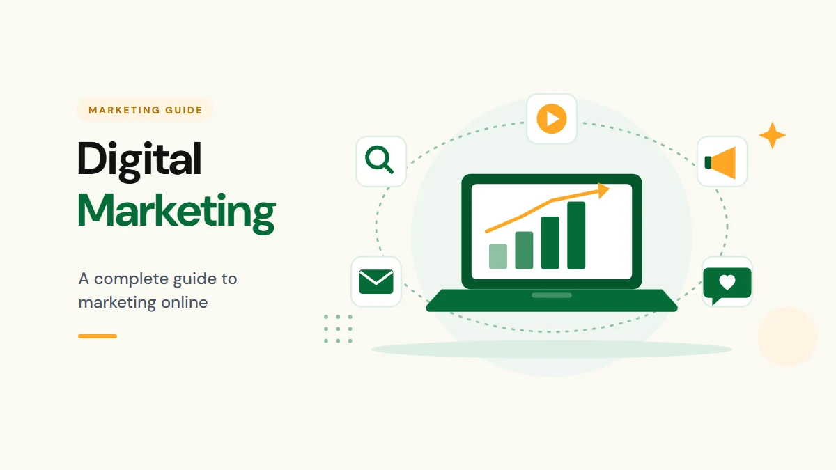 A laptop with a rising growth chart circled by icons for search, ads, email, social and video